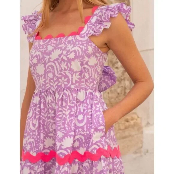Pink City Prints Xanthe Dress Medium NWT Lilac Begonia Print Ruffle Rickrack - Picture 3 of 10